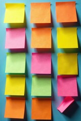 Colorful sticky note grid, natural light, varied textures , flat lay, design