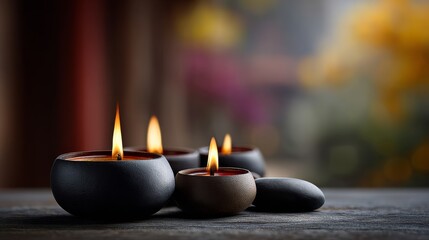 Elegant candles in stone holders create a tranquil ambiance, casting warm light against a blurred floral background.