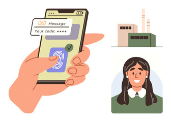 Hand holding mobile phone for two-factor authentication, fingerprint scanning, woman portrait, factory building. Ideal for security, access control, technology, identity, data protection industries