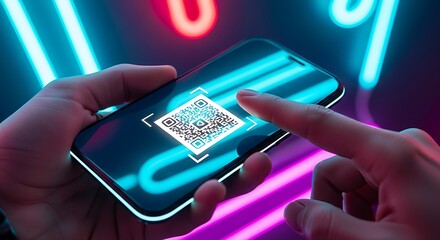 Person's Hands Holding Smartphone Scanning QR Code on Screen with Vibrant Blue and Pink Neon Lights in a Modern Digital Environment, Contactless Pa...