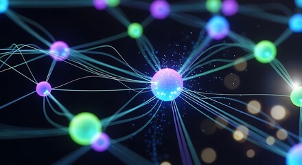 Abstract neural network illustration with connected spheres on dark background