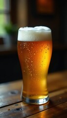 Condensation drips, beer in glass, rustic wood table, background, outdoor, patio