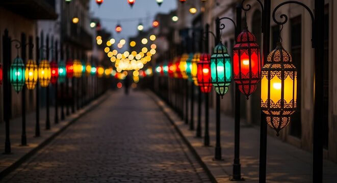 Colorful moroccan lanterns and string lights illuminate a narrow street at dusk
