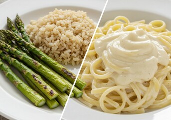 Split image of grilled asparagus brown rice and creamy alfredo pasta on right