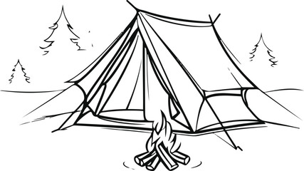 Camping tent with small bonfire, black and white vector line art, clean continuous lines, no shading, flat white background, minimal outdoor style 3
