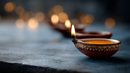 A beautifully lit oil lamp adorns a dark surface, with glowing bokeh lights creating a serene atmosphere.