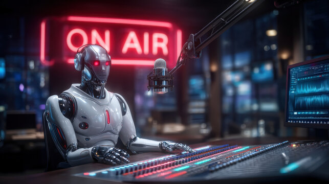 Humanoid robot sits futuristic broadcast studio, equipped with microphone and control panel, surrounded by glowing screens and ON AIR sign. atmosphere is high tech and engaging, showcasing