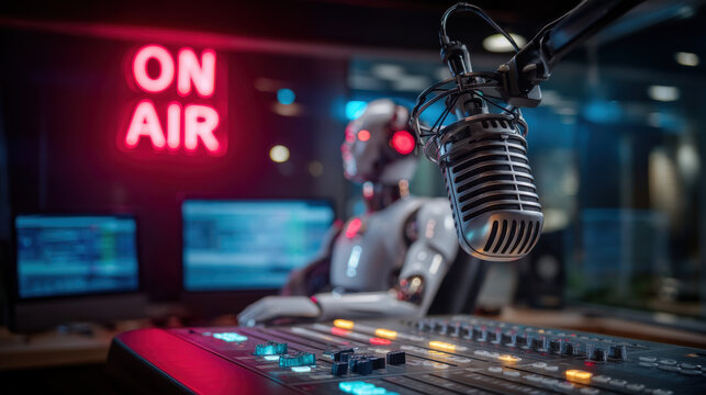 Futuristic broadcast studio featuring humanoid robot, microphone, and digital screens. vibrant ON AIR sign adds energetic atmosphere, highlighting advanced technology in media production - Powered by Adobe