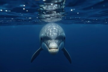 A dolphin swims underwater, facing the camera with a gentle expression, surrounded by a deep blue sea and a shimmering surface above.