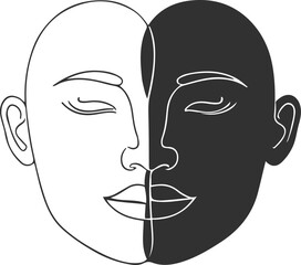 Minimal continuous line art of two faces merging into one, symbolizing unity, black and white, bold clean outline, flat white background 2