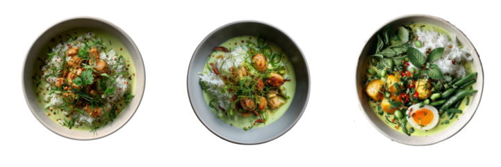 Food photography of delicious green soup bowls with fresh ingredients on transparent background