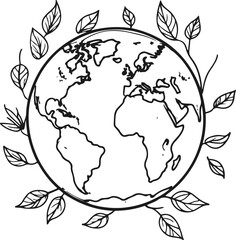 Minimal earth globe with leaves sprouting, black and white vector line art, eco concept 1