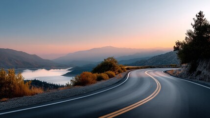 A winding road curves alongside a serene lake, framed by mountains and illuminated by a soft sunset glow.
