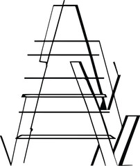 Minimal geometric shapes forming a ladder, black and white vector line art, bold smooth outline, flat background, modern abstract style 2