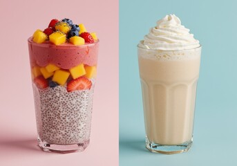 Split Image with Fresh Fruit Smoothie Chia Pudding and Whipped Cream Topped Milkshake