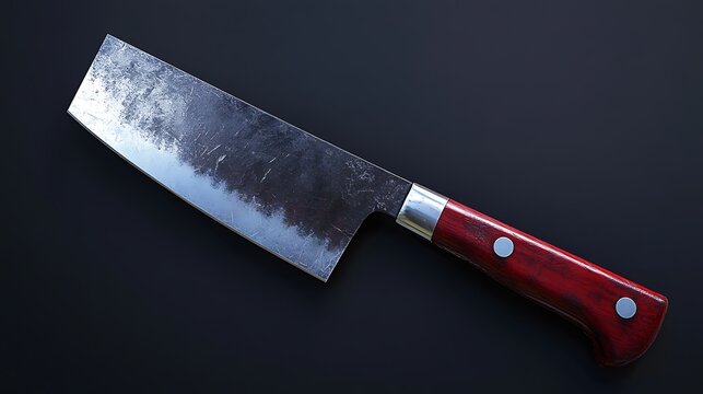Chef's sharp cleaver kitchen knife with a red wood handle gleaming against a dark black background