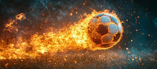 Soccer ball engulfed in flames, motion blur on green field, dynamic action shot
