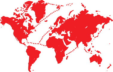 Minimal world map outline with dotted travel route, black and white vector line art, bold thin lines, flat background, vector-friendly illustration 3