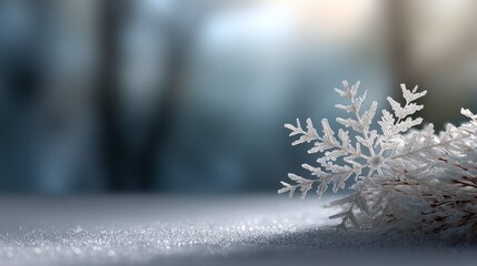 A delicate snowflake rests on a frosty surface, glistening in soft light with a blurred winter background.