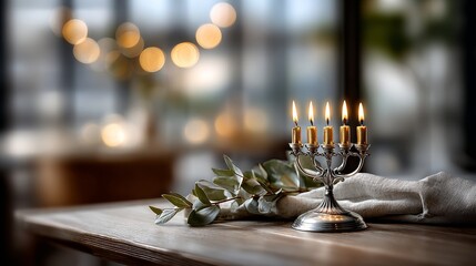 A beautifully lit menorah with flickering candles sits on a wooden table, accompanied by greenery, creating a warm and inviting atmosphere.