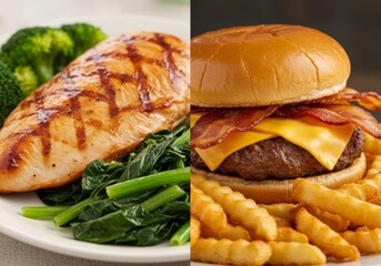 Split image with grilled turkey breast and steamed greens on left and bacon cheeseburger and cut fries on right