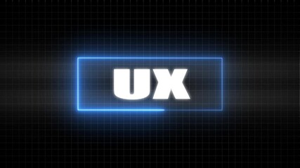 White UX text inside a glowing blue neon rectangle on a dark grid background user experience interface design - Powered by Adobe