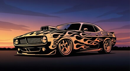 Naklejka premium Powerful Custom Muscle Car Illustration with Fiery Flame Decals and Supercharger, Set Against a Vibrant Sunset Sky