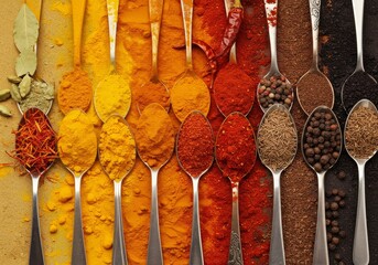 Spoons arranged in a color gradient with saffron turmeric paprika chili cumin and black pepper