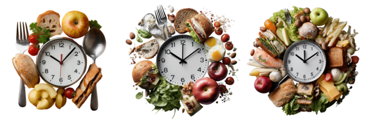 Close-up food clock art vibrant and creative kitchen photography on transparent background