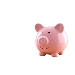 Obraz premium A pink piggy bank with a smiling face, placed on a wooden table in a bright, well-lit room with a window in the background