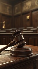 Dramatic gavel in a courtroom symbolizes justice, legal proceedings, and the power of the law