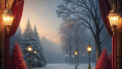 Magical winter stage with red curtains, snow-covered trees, and illuminated street lamps theater Full HD 4K Video Download 2025 2026