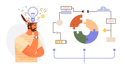 Thoughtful man surrounded by idea icons analyzes colorful puzzle chart and flowchart links. Ideal for brainstorming, productivity, creativity, innovation, problem-solving, planning, strategy, simple