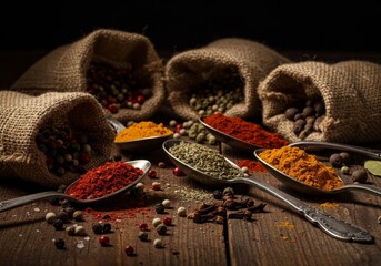 Spoons with spices and rustic spice sacks spilling peppercorns and cloves
