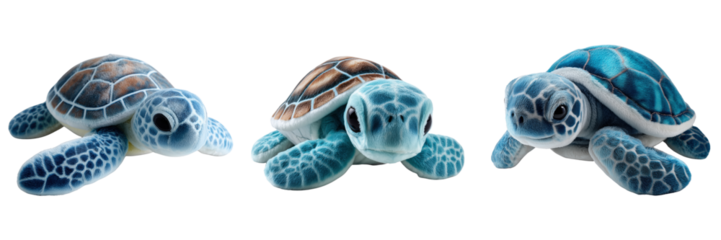 Adorable sea turtle plush toys ocean toy collection playroom close-up on transparent background
