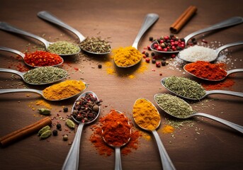 Spoons with spices and scattered herbs forming a heart shape on dark surface