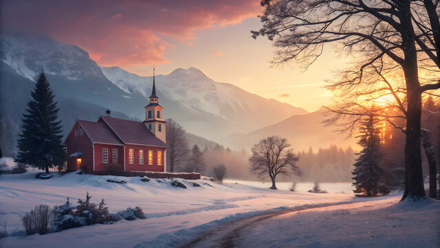 Red church in snowy mountains at sunset with warm light and snow-covered trees chapel building Full HD 4K Video Download 2025 2026 - Powered by Adobe