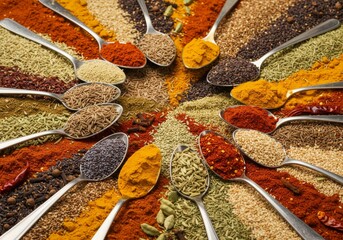 Spoons with spices and scattered seeds forming a mandala style composition
