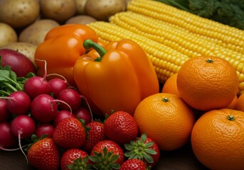 Flat Lay of Strawberries Radishes Orange Bell Peppers Mandarins Yellow Corn and Potatoes