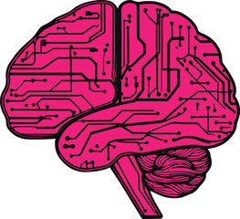 Brain with circuit patterns inside, black and white vector line art, clean outline, no shading
