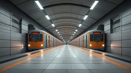 Single train arriving at minimalist subway platform at dawn, soft ambient light and calm urban architecture