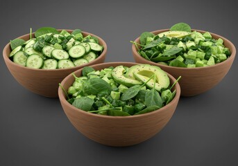 Three Salad Bowls with Monochromatic Green Ingredients Spinach Cucumber and Avocado
