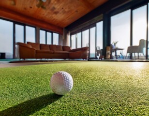 golf ball on indoor putting green in loft blurred lounge area