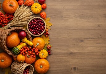 Thanksgiving Themed Flat Lay with Decorative Elements and Empty Right Side Space