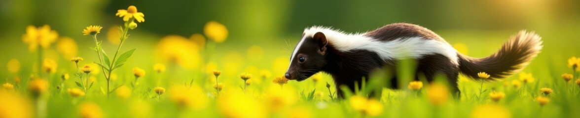 Curious skunk sniffing vibrant yellow wildflowers in a sun-drenched meadow , scent, exploring, yellow flowers