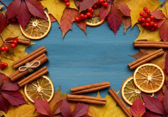 Vibrant fall foliage with cinnamon sticks and dried oranges on blue wooden background