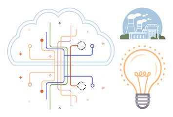 Cloud with colorful circuit lines, factory emitting smoke, glowing lightbulb. Ideal for technology, industrial efficiency, energy innovation, connectivity, cloud services, sustainability simple flat