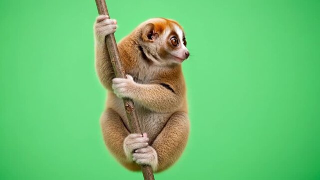Adorable Slow Loris Gripping a Branch with Gentle Paws Against a Vibrant Green Background