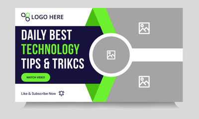 Daily technology tips and tricks video thumbnail banner design, daily photography learning tips and techniques video cover banner design, editable vector eps 10 file format