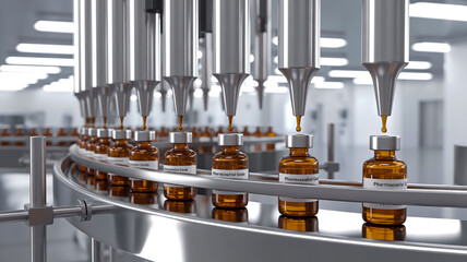 Close-up industrial pharmaceutical production line filling amber vials with liquid